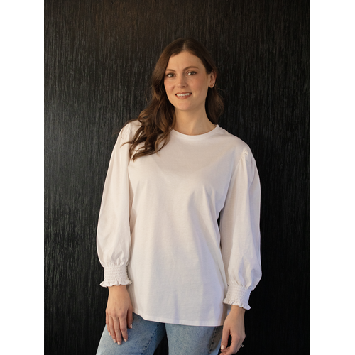 White On Black-Shirred Cuff Top