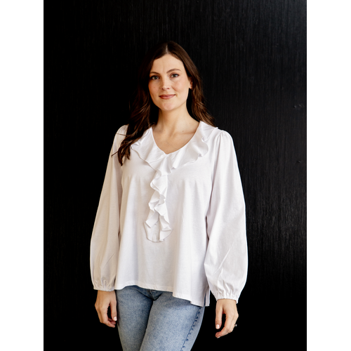 White On Black-Ruffle V Neck Top